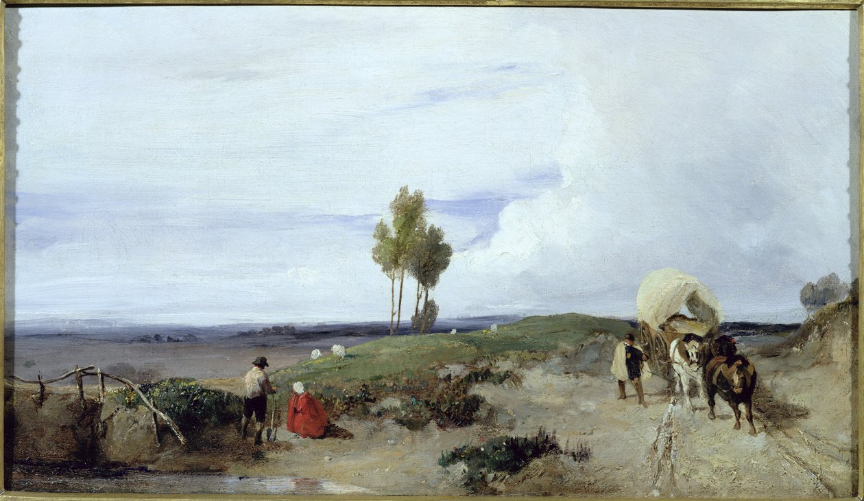 Ford tiellä Boulognesta Pariisiin, katsomassa kohti St. Omeria, n. 1824 tekijältä Richard Parkes Bonington
