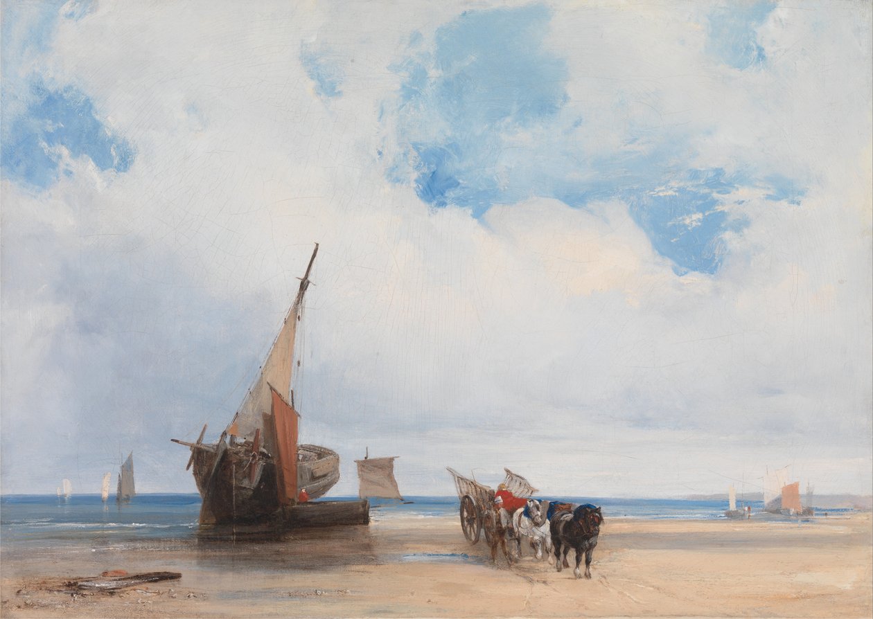 Rannatut alukset ja vaunu lähellä Trouvillea, Ranskaa tekijältä Richard Parkes Bonington