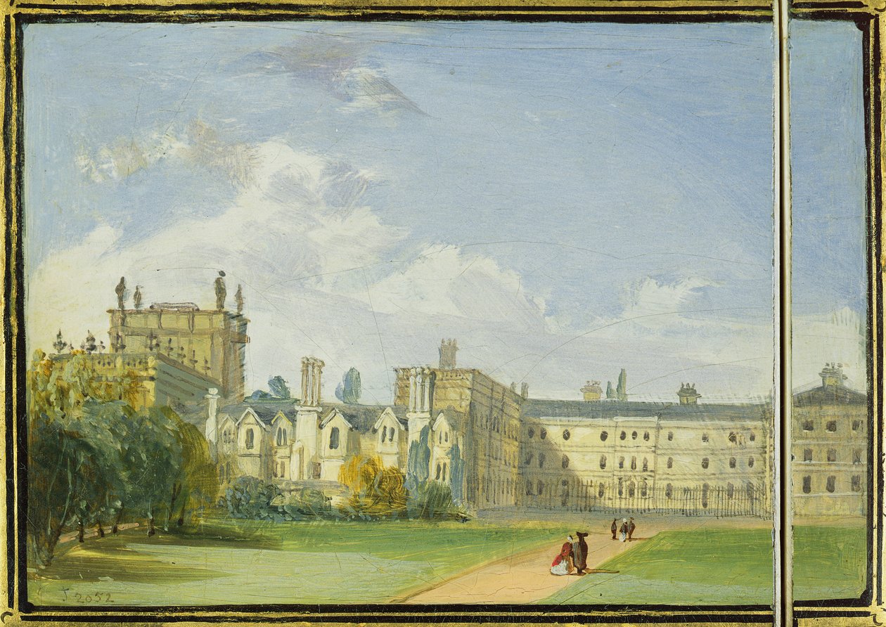 Viktoriaaninen korttikotelo, johon on maalattu Trinity College Gardens, Oxfordin takanäkymä (papier mache). tekijältä Richard Phene and Benjamin W. Spiers