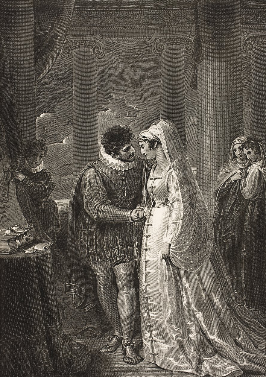 Huone Portian talossa, näytös III, kohtaus II, "Venetsialainen kauppias", Boydell Shakespeare -galleriasta, julkaistu 1800-luvun lopulla tekijältä Richard Westall