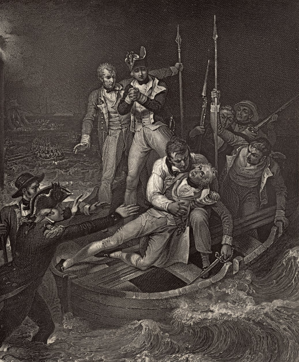 Nelson haavoittui Teneriffalla vuonna 1787, kuvitus Robert Southeyn (1774-1843) teoksesta "The Life of Nelson", joka julkaistiin ensimmäisen kerran vuonna 1813. tekijältä Richard Westall