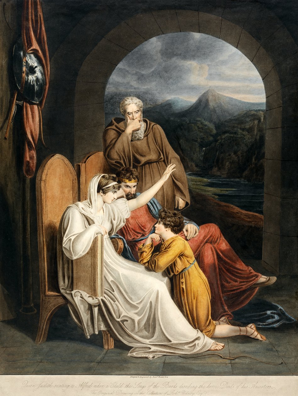 Kuningatar Judith lausumassa Alfredille, kun lapsi Bardien lauluja kuvailee esivanhempiensa pubin sankarillisia tekoja. 1801 tekijältä Richard Westall