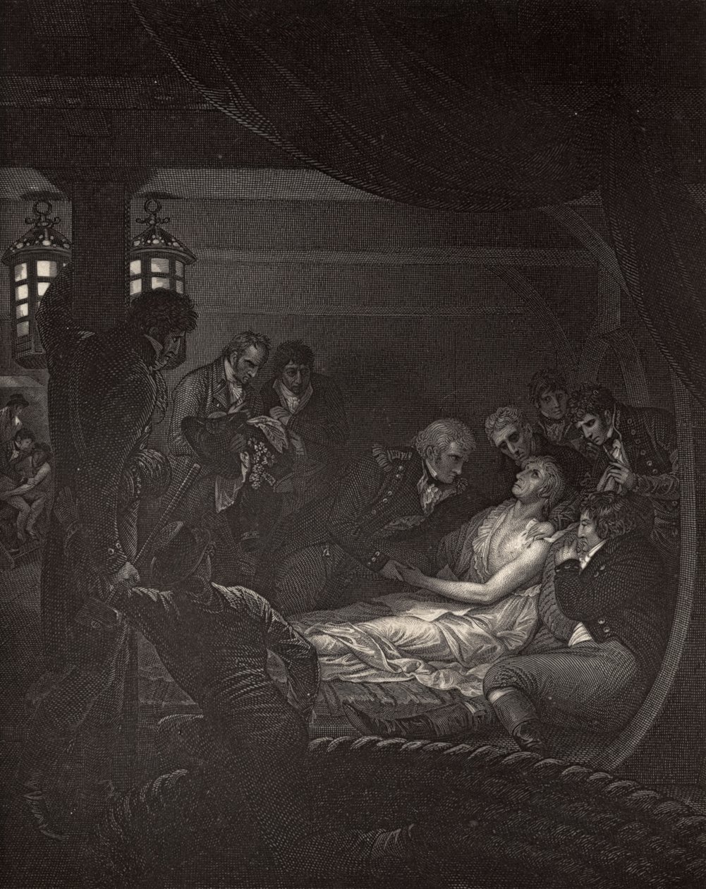 The Death of Nelson (1758-1805) kuvitus Robert Southeyn (1774-1843) teoksesta "Nelsonin elämä" julkaistiin ensimmäisen kerran 1813 tekijältä Richard Westall