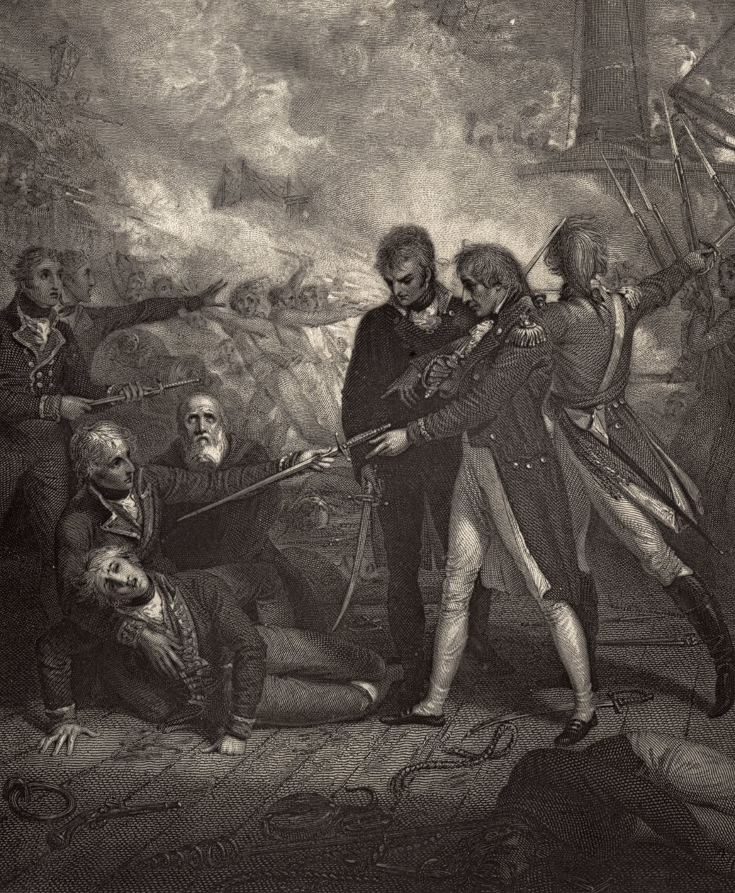 San Nicholas ja San Josef kuljetettu lennolle, kuvitus Robert Southeyn (1774-1843) teoksesta "Nelsonin elämä" julkaistiin ensimmäisen kerran 1813. tekijältä Richard Westall