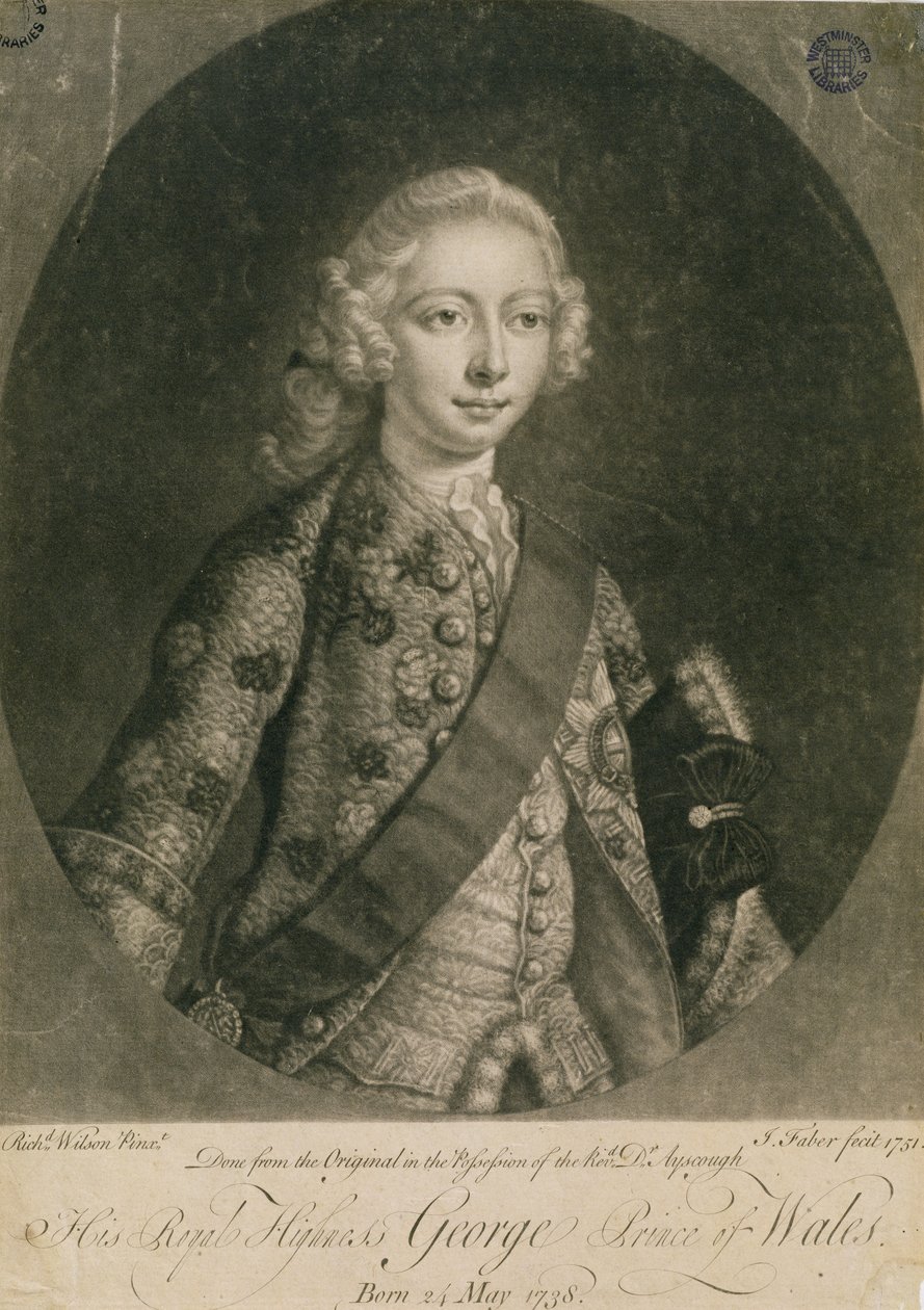 George, Walesin prinssi (1738-1820), myöhemmin George III, kaiverrus John Faber (1684-1756), 1751 tekijältä Richard Wilson