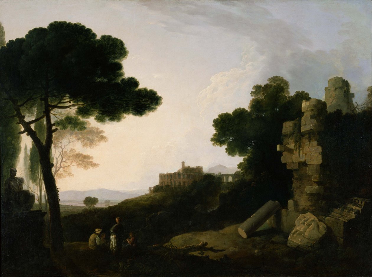 Maisema Capriccio ja Horatiuksen ja Curiatiuksen hauta sekä Maecenasin huvila Tivolissa. tekijältä Richard Wilson