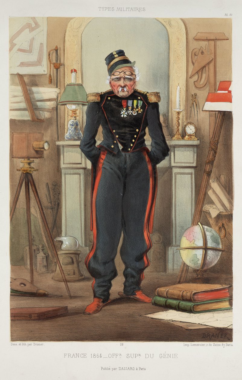 "France 1864 - A Superior Officer of Genius" Yksi Dranerin piirtämien ja kaivertamien värillisten litografioiden sarjasta nimeltä "Types Militaires" tekijältä John Pardon