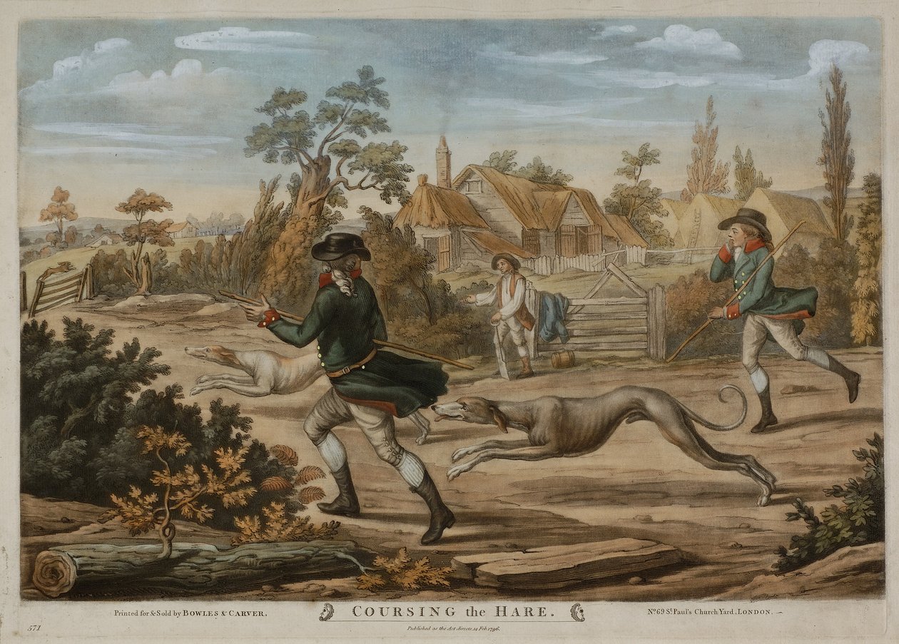 Coursing the Hare, painettu Bowles & Carverille, julkaistu vuonna 1796 (mezzotint) tekijältä Richard (after) Dighton