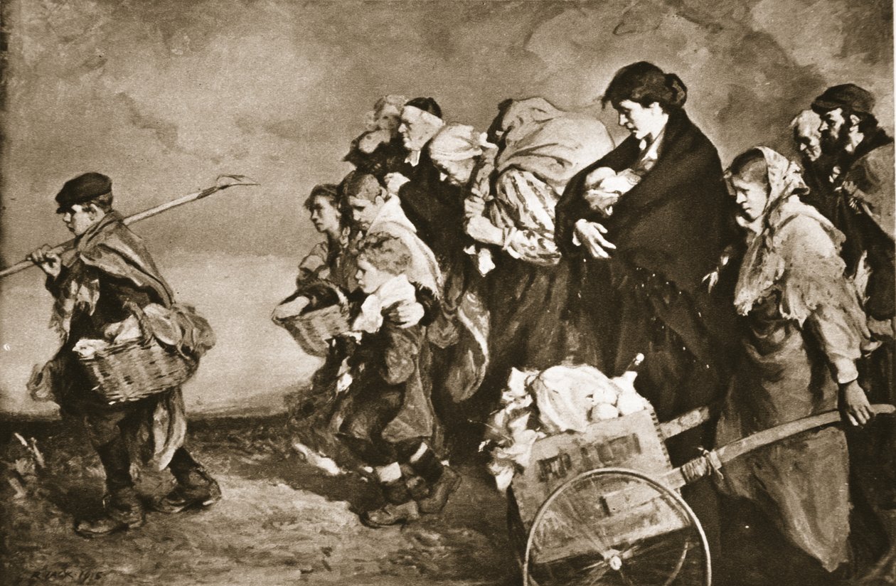 "Kodittomat", pako saksalaisilta laumoilta, "The Illustrated War News" -julkaisusta (litho) tekijältä Richard (after) Jack