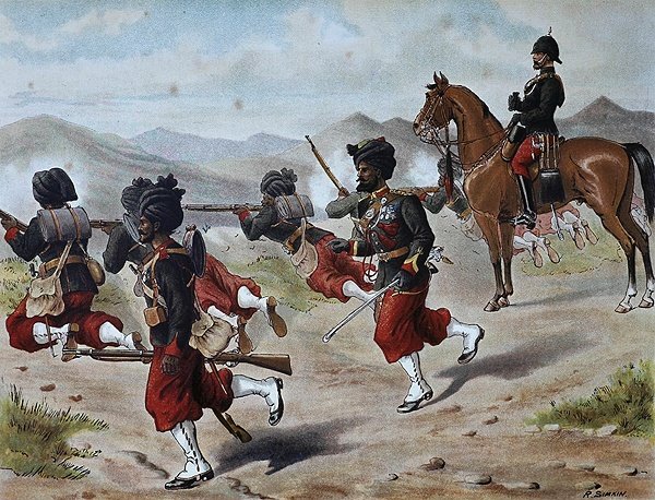 20. Bombay Native Jalkaväki Field Ammunta (Marching Order), anglo-intialainen armeija 1880-luvulla (väri litho) tekijältä Richard (after) Simkin