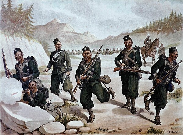 3. Gurkha-joukkojen taistelu, 1880-luvun englantilais-intialainen armeija (värilitografia). tekijältä Richard (after) Simkin