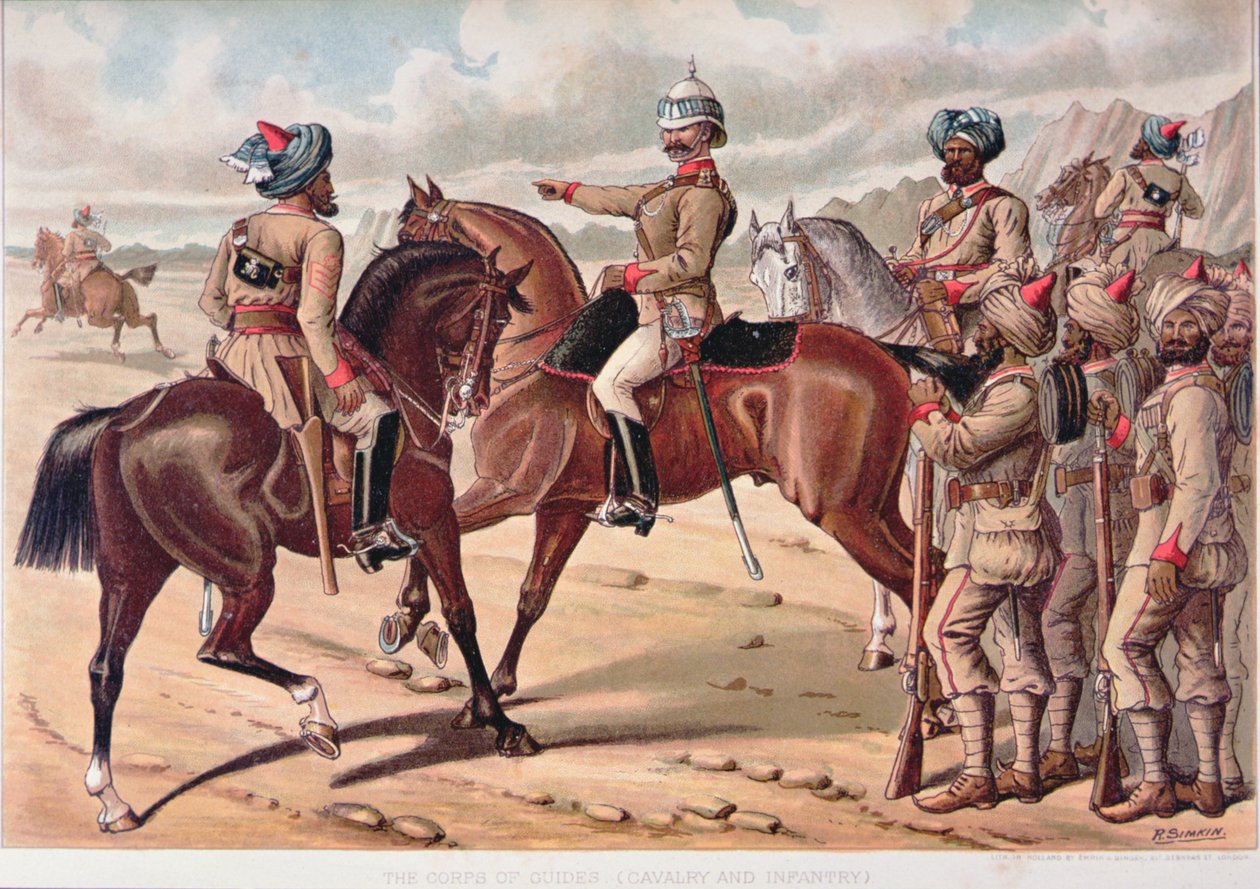 Oppaiden joukko (ratsuväki ja jalkaväki), anglo-intialainen armeija 1880-luvulla (väri litho) tekijältä Richard (after) Simkin