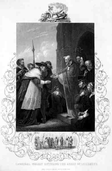 Kardinaali Wolsey astumassa Leicesterin luostariin, William Shakespearen (1564-1616) Henrik VIII:ssa kaiverrettu A.H. Payne (kaiverrus) tekijältä Richard (after) Westall