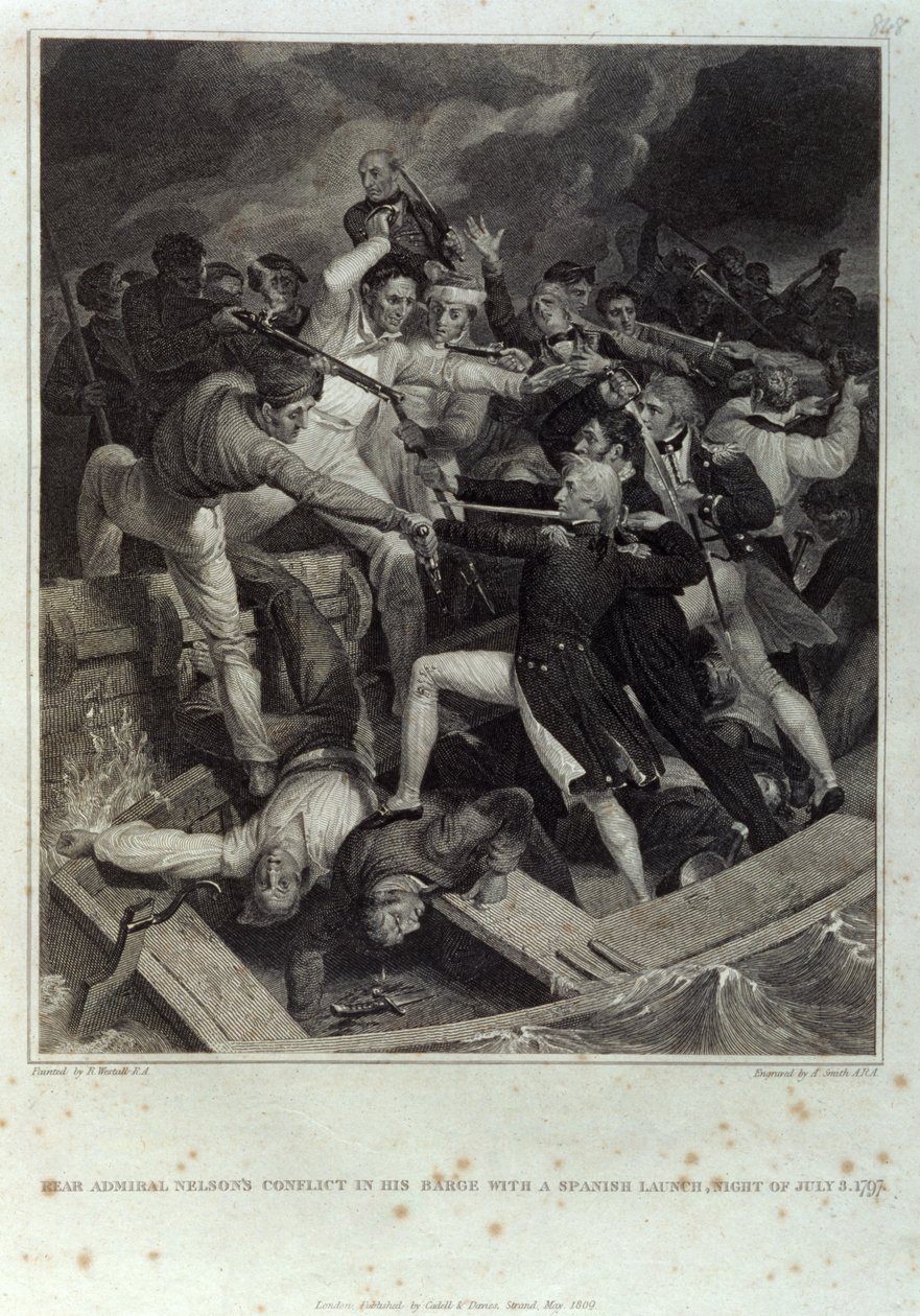 Kontra-amiraali Nelsonin konflikti proomussaan espanjalaisen laukaisun kanssa yöllä 3. heinäkuuta 1797, kaiverrus A. Smith, julkaissut Cadell & Davies, toukokuu 1809 (kaiverrus) tekijältä Richard (after) Westall
