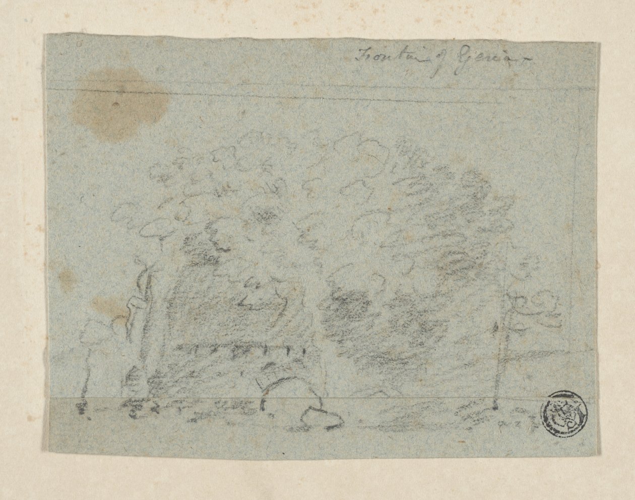 Luonnos puista lähellä siltaa (hiili ja grafiitti siniselle paperille, kaadettu kermanväriselle paperille) tekijältä Richard (attr.to) Wilson