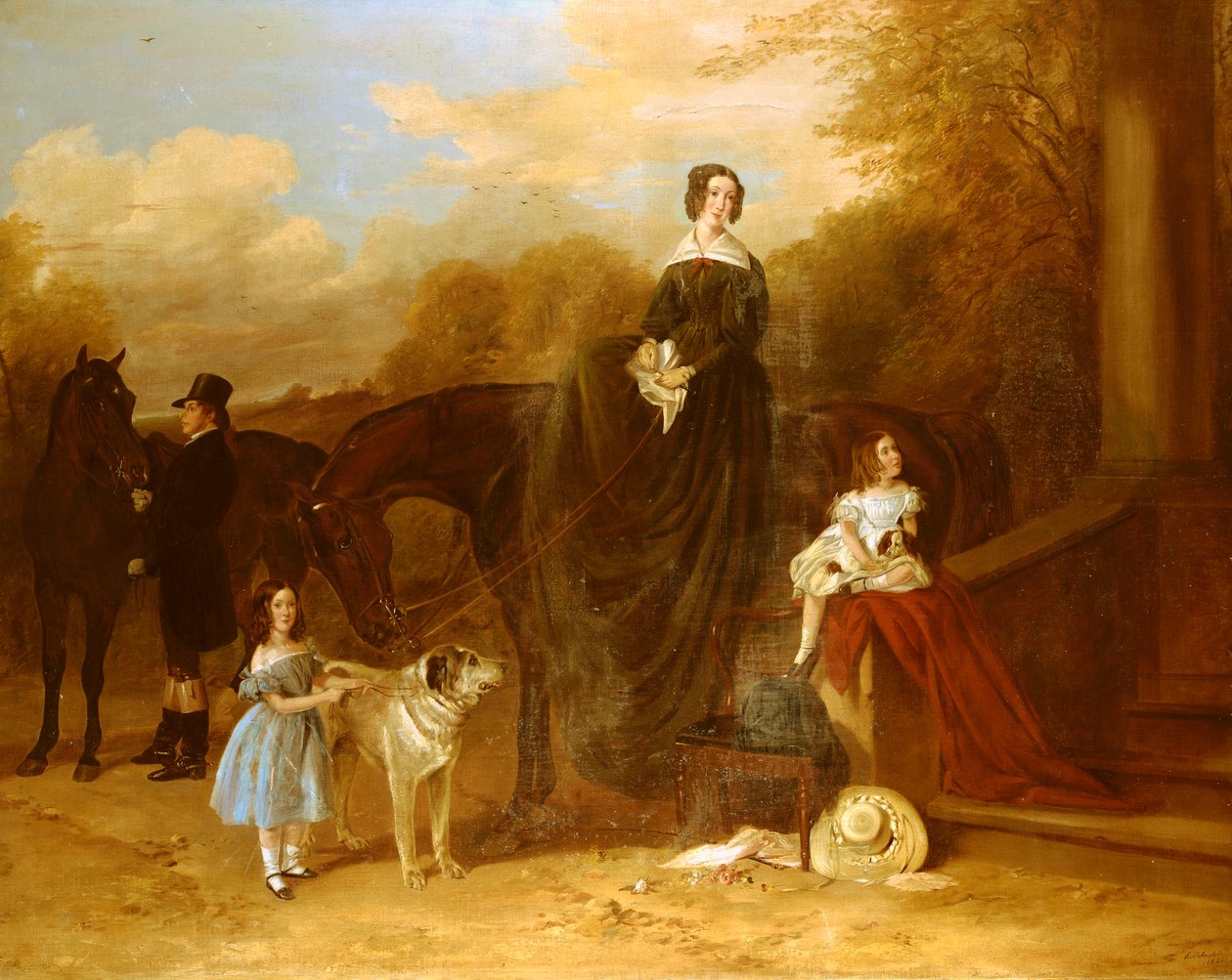 Perhe metsästäjiensä ja koiriensa kanssa kartanon ulkopuolella, 1841 tekijältä Richard Ansdell