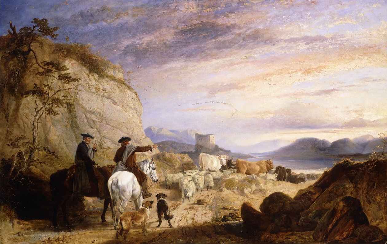Highland Drovers ja koirat ajamassa lampaitaan ja karjaansa kallioisessa metsämaisemassa, 1846 tekijältä Richard Ansdell
