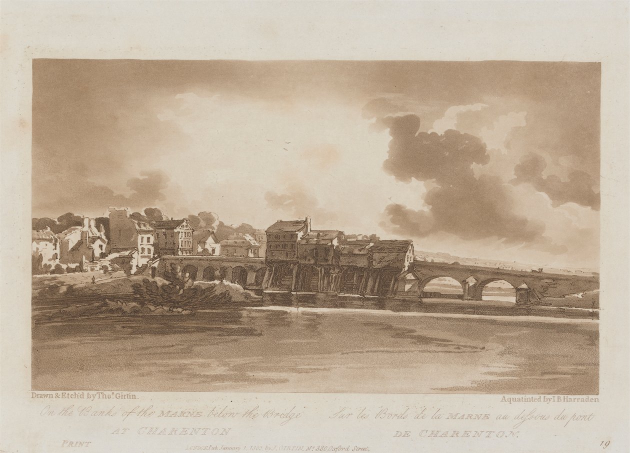 Marnen rannoilla Charentonin sillan alla 1803; Kilpi 19 Pariisin Viewsista, Emanuel Volume -jäljitys levystä B1981.25.2628 tekijältä Richard Banks Harraden