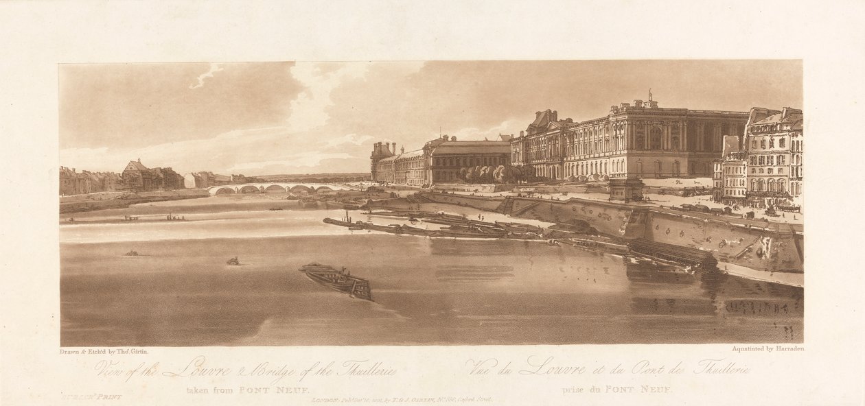 Näkymä Louvrelle ja Thuilleries-sillalle, otettu Pont Neufista. 1802; Kilpi 2 Pariisin Viewsista, levyn Emanuel Volume Tracing, B1981.25.2613 tekijältä Richard Banks Harraden