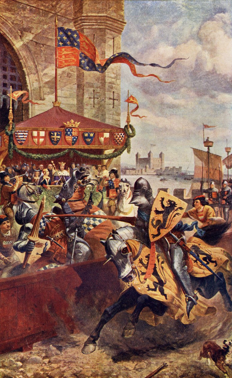 Juhlaturnaus Lontoon sillalla David de Lyndsaysin ja Lord John de Wellesin välillä vuonna 1390, kuvitus A. R. Hope Moncrieffin teoksesta "Romance and Legend of Chivalry" tekijältä Richard Beavis