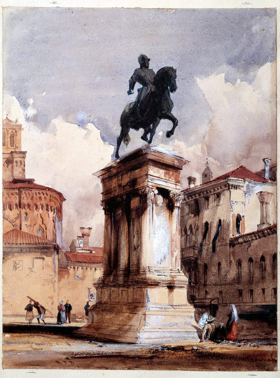 Colleoni de Verrocchion ratsastuspatsas Venetsiassa, San Giovannin ja Paolon kirkon aukio. Akvarelli Richard Parkes Bonington (1801-1828) 1800-luvun Pariisi, Louvre-museo tekijältä Richard Bonington