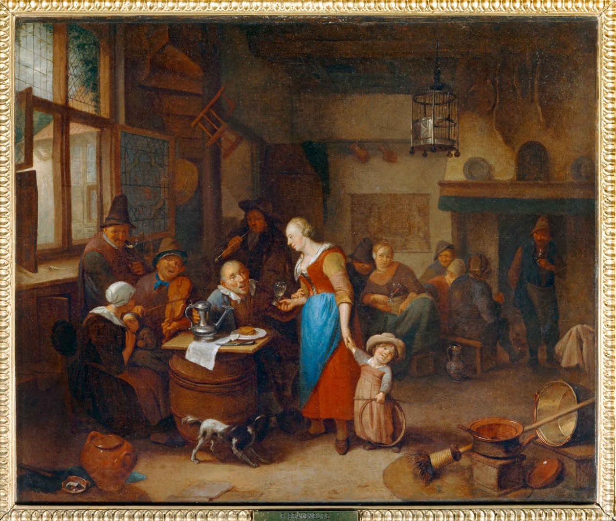 Juomarit kapakassa, vauva kehdossa - Drinkers et musiciens dans un cabaret, avec enfant au cerceau ... tekijältä Richard Brakenburg