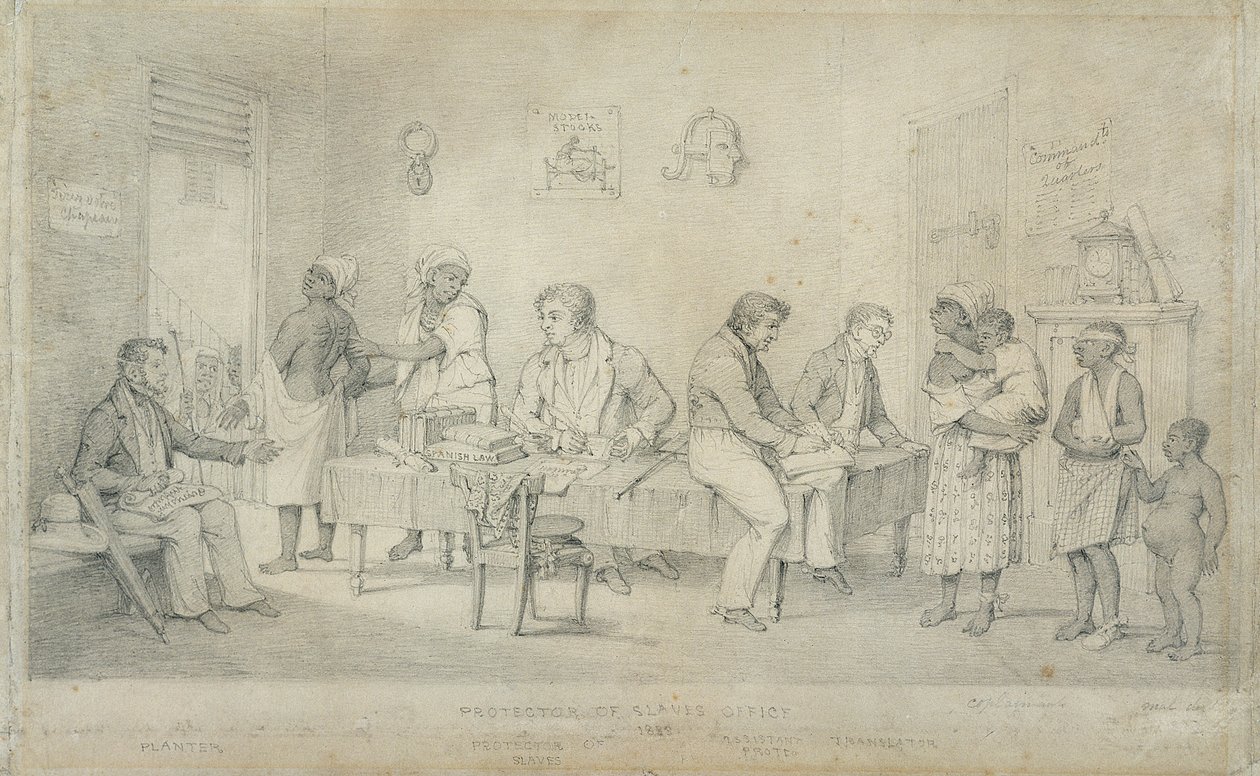 Protector of Slaves Office, Trinidad, n. 1833 (grafiitti kudospaperille) tekijältä Richard Bridgens