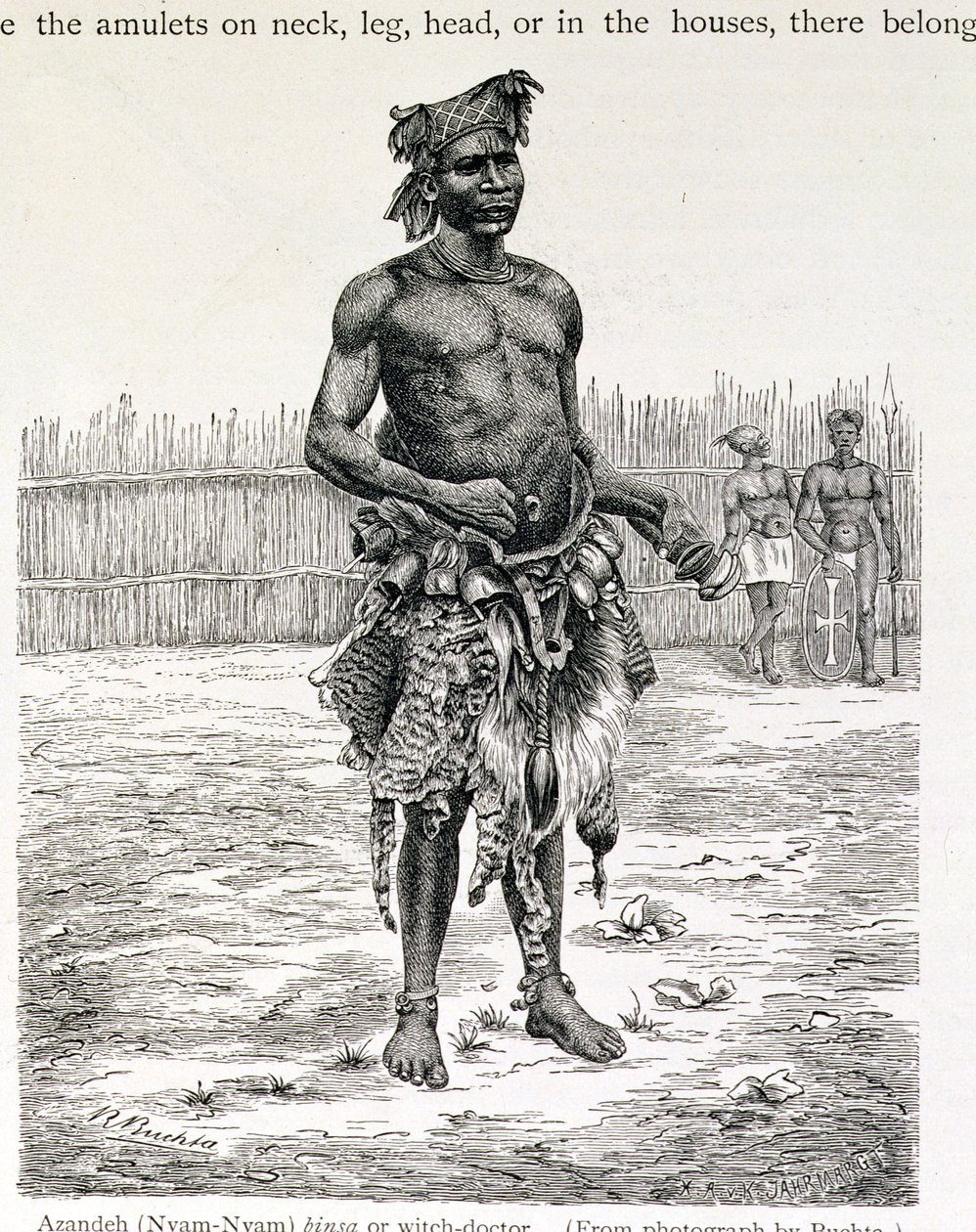 Azandeh (Nyam-Nyam) Binsa tai noitatohtori, kaiverrus Jahrmargt, Prof. Friedrich Ratzelin teoksesta "Ihmiskunnan historia", pub. vuonna 1904 (kaiverrus) tekijältä Richard Buchta