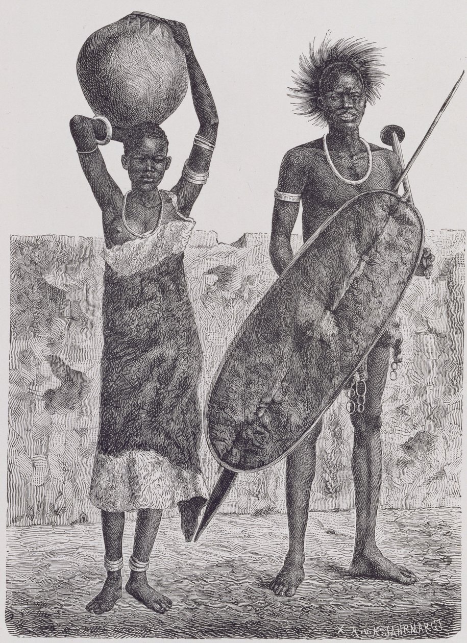 Shillook-sotilas ja -tyttö, Jahrmargtin kaiverrus, Prof. Friedrich Ratzelin teoksesta The History of Mankind, Vol.III, 1898 tekijältä Richard Buchta