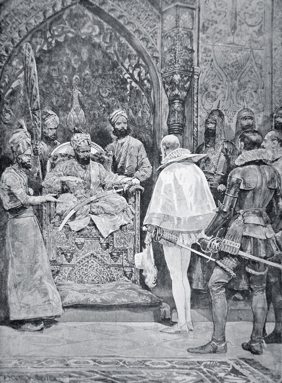 Akbar Suuri vastaanottaa kuningatar Elisabetin suurlähettilään vuonna 1599 (litho) tekijältä Richard Caton (after) Woodville