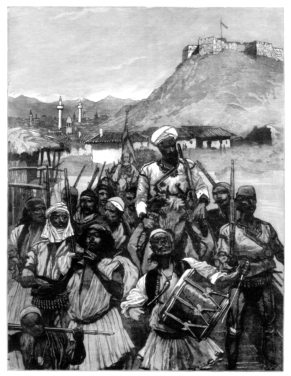 Scutarin albaanit ylittävät Boyanan miehittääkseen Dulcignon vuonna 1880. tekijältä Richard Caton II Woodville