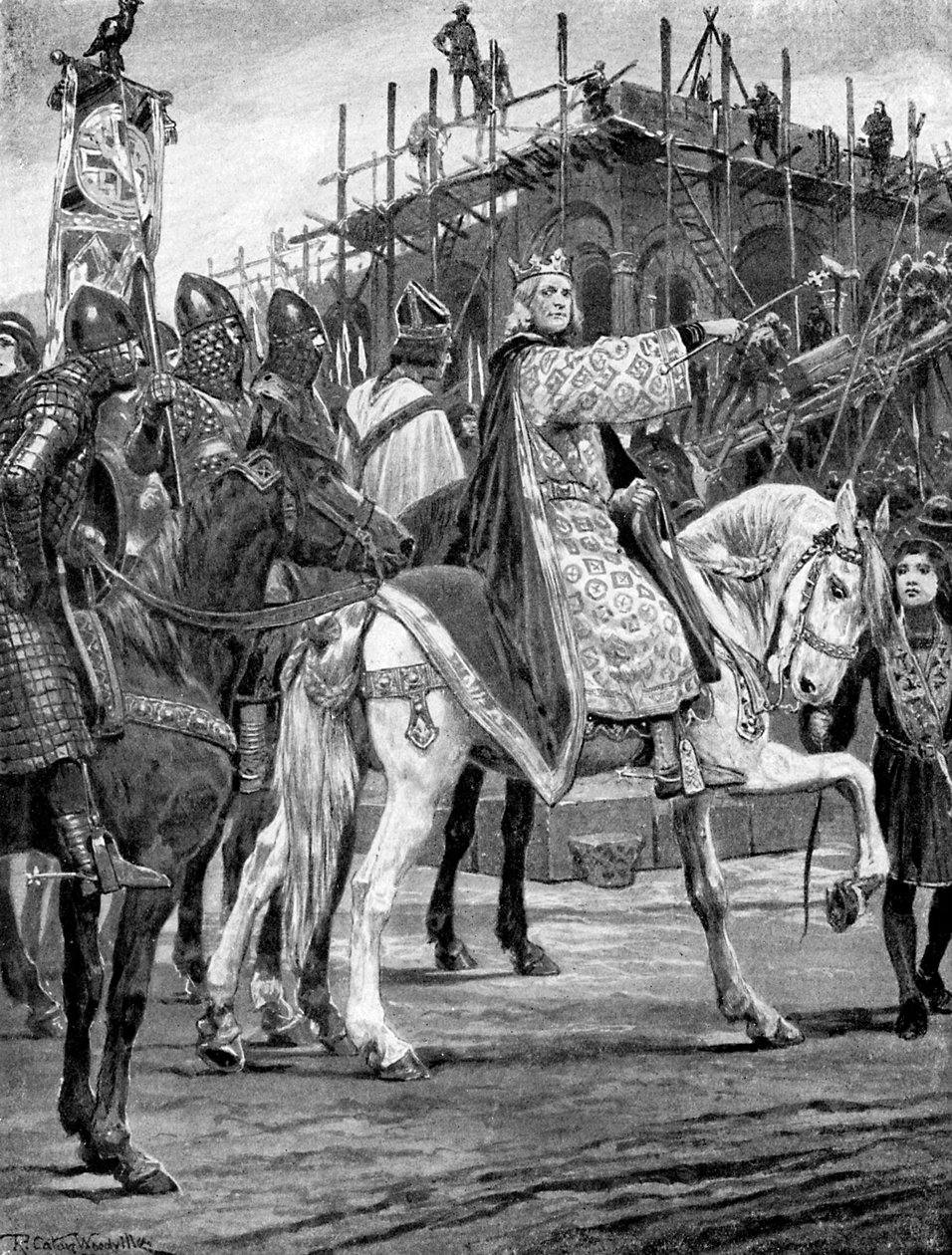 Edward Rippis katsomassa Westminster Abbeyn rakennusta, c1050, c1920. tekijältä Richard Caton II Woodville