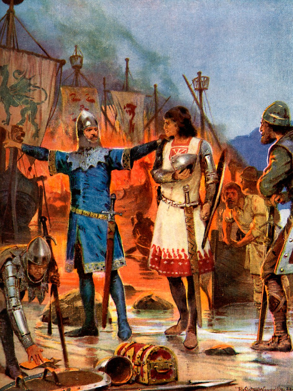 Fitz-Stephen polttaa veneensä, 1169 jKr, c1920 tekijältä Richard Caton II Woodville