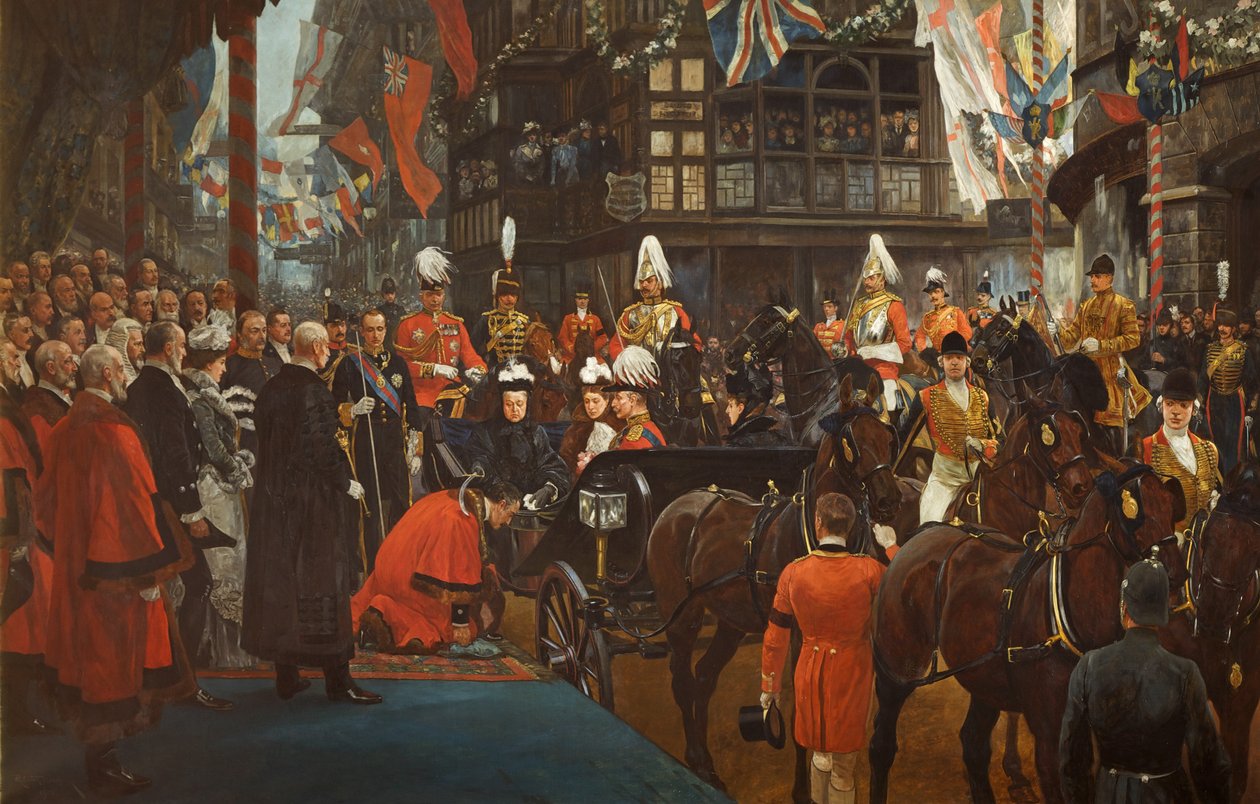 Queen Victoria Knighting Herbert Ashman, Esq., Bristolin ensimmäinen lordipormestari, neuvoston talossa 12. marraskuuta tekijältä Richard Caton II Woodville