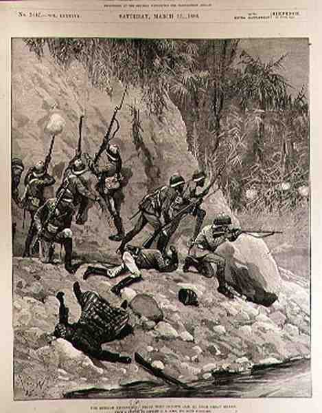 Burmah Expedition: Fight with Dacoits, 12. tammikuuta, lähellä Shoay Greeniä, The Illustrated London News, 13. maaliskuuta 1886 tekijältä Richard Caton II Woodville
