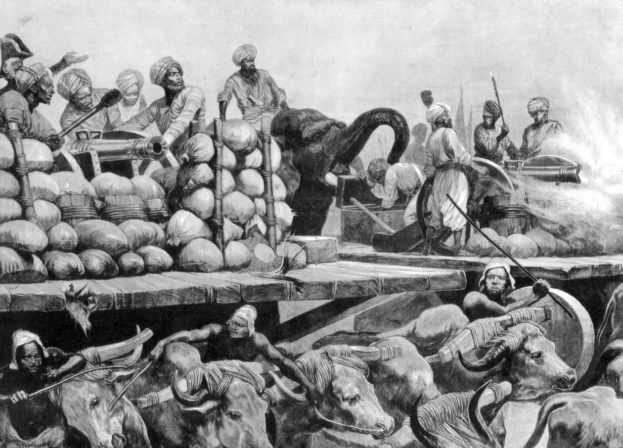 Nawab Siraj Ud Daulahsin tykistö liikkuvalla alustalla, Intia, 1757, 1893. tekijältä Richard Caton II Woodville
