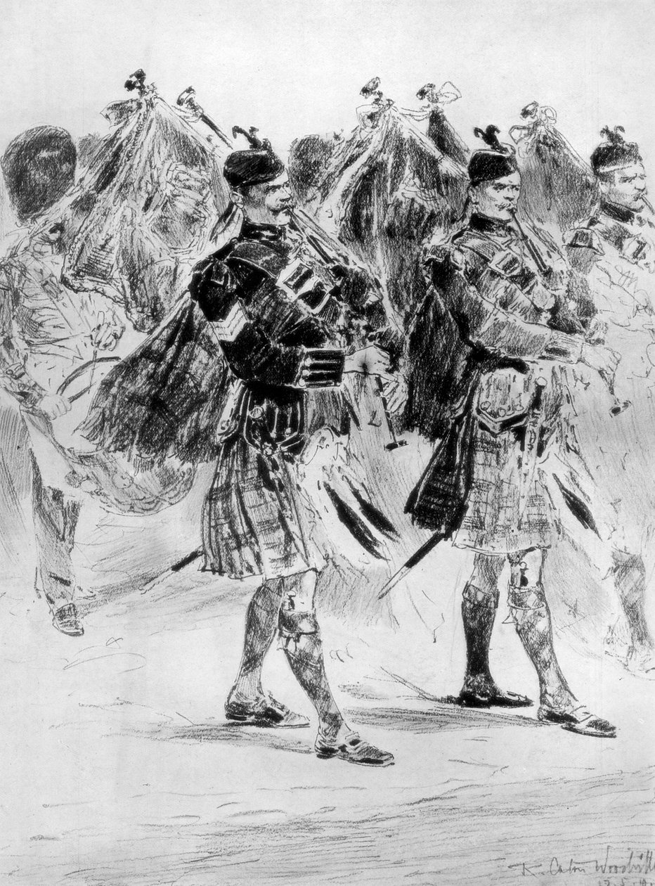 To the Wail of the Pipes, Highland Soldiers Lament, 1910. tekijältä Richard Caton II Woodville