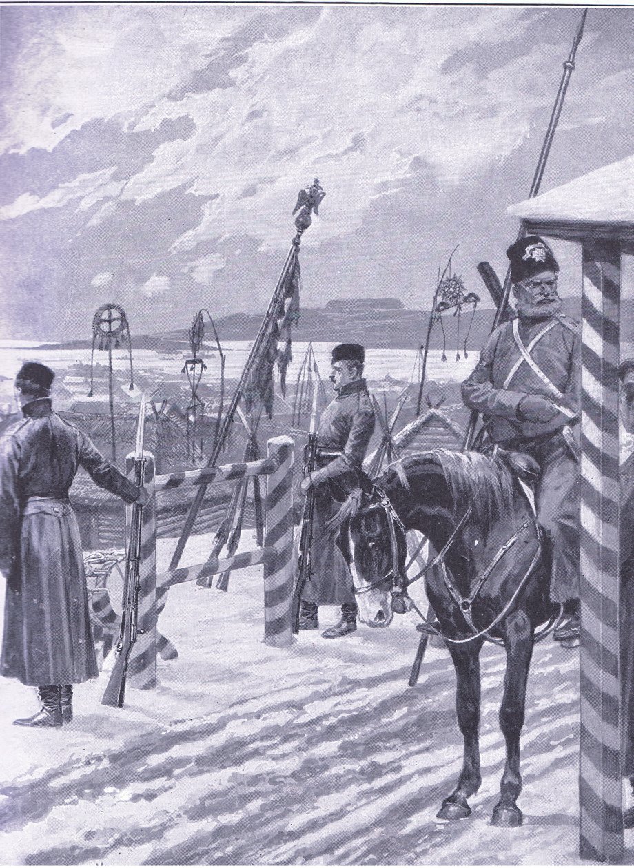 Mantsurian kasakka-asema, jossa heimokyltit miesten majojen päällä, kuva Cassellsin Venäjän ja Japanin sodan historiasta, osa 1, n. 1900 tekijältä Richard Caton Woodville