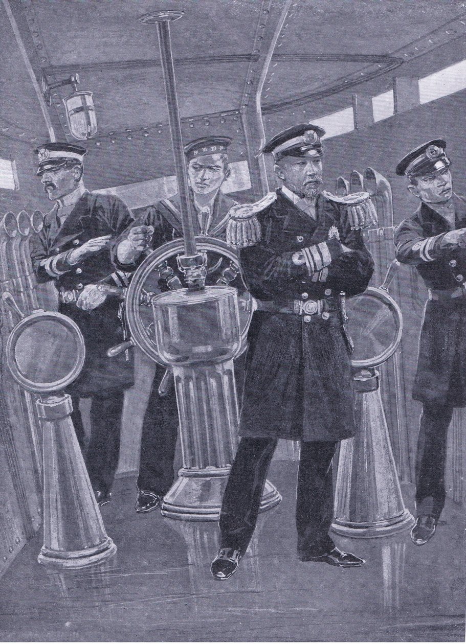 Admiral Togo lippulaivansa Conning Towerissa, ohjaa laivastotoimintaa, kuvitus Cassellsin Venäjän ja Japanin sodan historiasta, osa 1, n. 1900 tekijältä Richard Caton Woodville