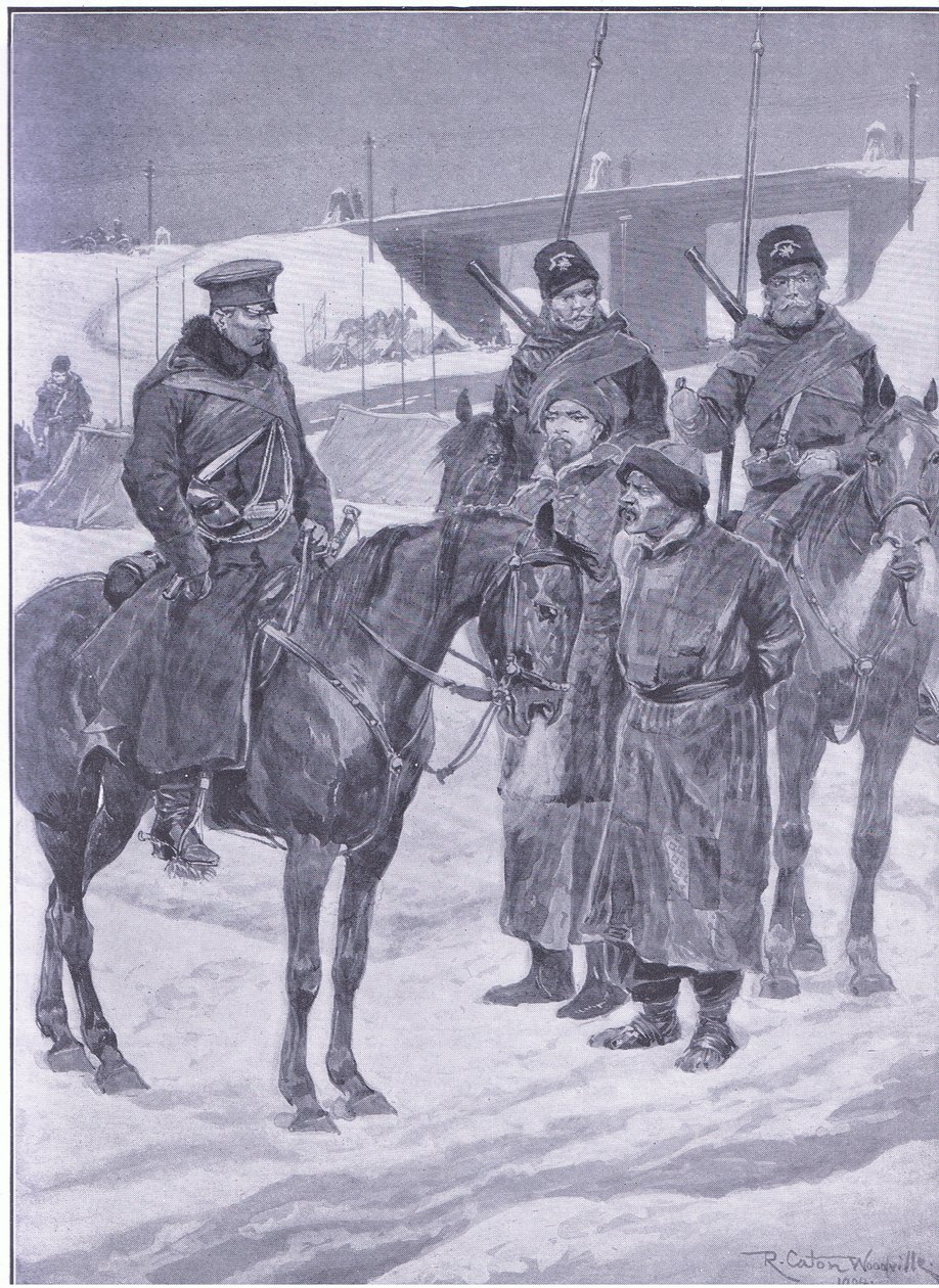 Huippuina löydettyjen japanilaisten vakoojien pidätys, kuvitus Cassellsin Venäjän ja Japanin sodan historiasta, osa 1, n. 1900 tekijältä Richard Caton Woodville