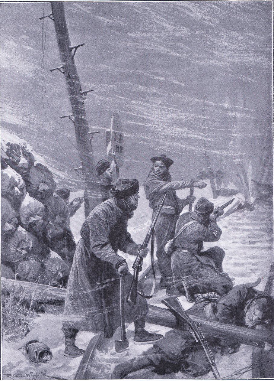 Chunchusten hyökkäys rautatietä vastaan, kuvitus teoksesta Cassells History of the Russo-Japanese War Vol 1, n. 1900. tekijältä Richard Caton Woodville