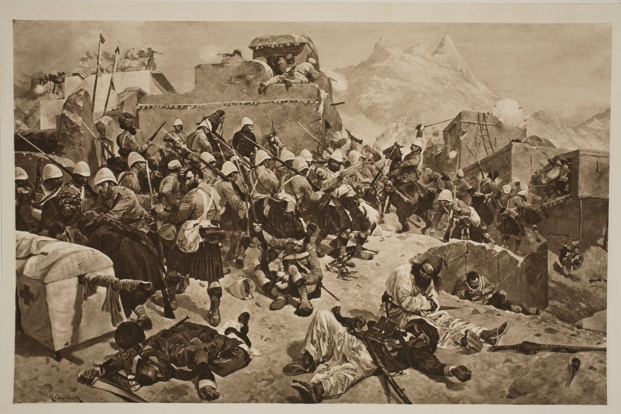 Candahar: 92. ylämaalaiset ja 2. gurkit hyökkäävät Gaudi Mullah Sahibdadiin, The Illustrated London Newsista, 1901 tekijältä Richard Caton Woodville