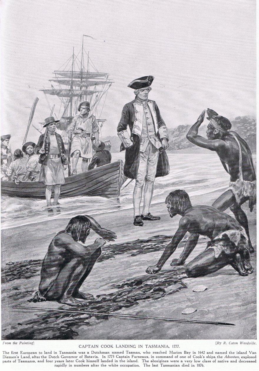 Kapteeni Cook laskeutui Tasmaniaan, 1777, kuva "Hutchinsonin tarinasta brittiläisestä kansasta", n. 1923 tekijältä Richard Caton Woodville