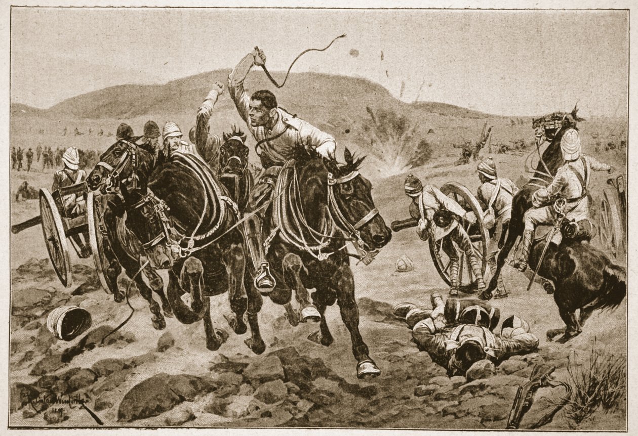 Field Artillery ryhtyy toimiin, kuvitus teoksesta "Battles of the Nineteenth Century, Vol. VI: Buurien sota 1899-1900, Archibald Forbes, G.A. Henty ja majuri Arthur Griffiths tekijältä Richard Caton Woodville