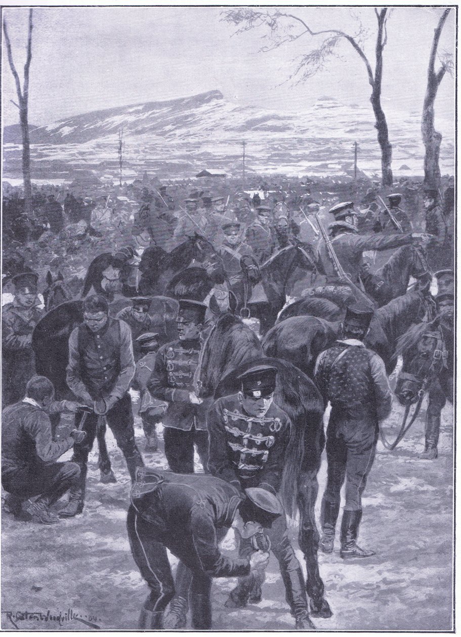 Japanilaisen ratsuväen leirintäalue Soulissa: Farriers työssä, kuva Cassellsista Venäjän ja Japanin sodan historia, osa 1, n. 1900 tekijältä Richard Caton Woodville