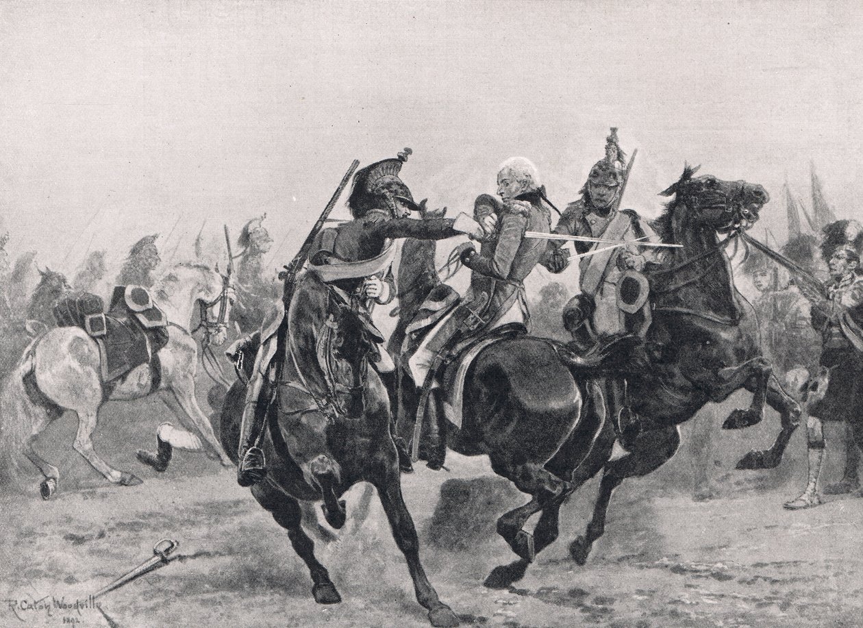 Ranskan lohikoonien hyökkäys Sir Ralph Abercrombieta vastaan, kuvitus julkaisusta "British Battles on Land and Sea", julkaisija Cassell, Lontoo, n. 1910 tekijältä Richard Caton Woodville