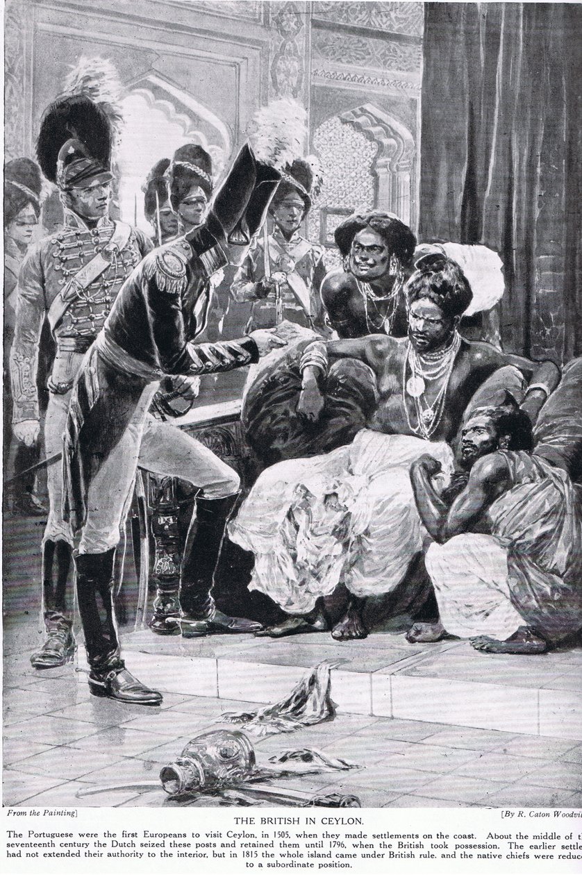 Britit Ceylonissa, kuvitus "Hutchinsonin tarinasta brittiläisestä kansasta", n. 1923 tekijältä Richard Caton Woodville