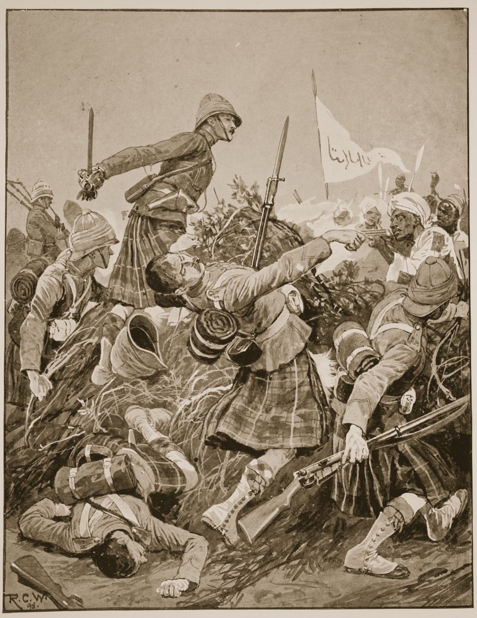 Seaforth Highlanders hyökkäämässä zarebaa vastaan Atbaran taistelussa, esimerkki teoksesta "Battles of the Nineteenth Century", osa. V: Kampanjat 90-luvulla, kirjoittanut A. Hilliard Atteridge tekijältä Richard Caton Woodville