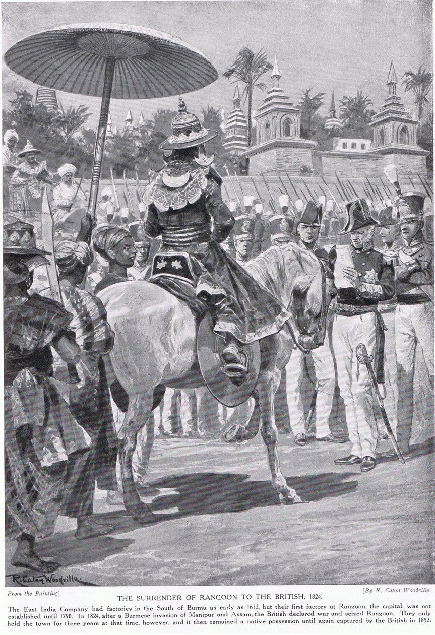 Rangoonin antautuminen briteille, 1824, kuvitus teoksesta "Hutchinson