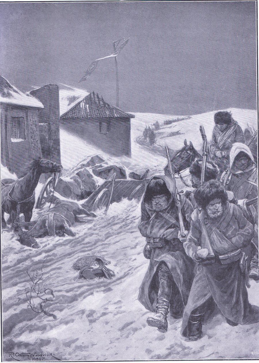 Loputon marssi itään: Tuttu näky matkalla, kuvitus Cassellsin Venäjän ja Japanin sodan historiasta Vol 1, n. 1900 tekijältä Richard Caton Woodville